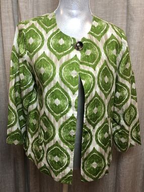 Chico’s Modern Ikat Linen Green Jacket 3/4 Sleeve - Size 1 / Medium